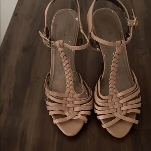 Tahari Blush Braided T-Strap Leather Sandals cork heels